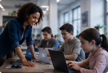 Enseignant animant un atelier IA avec ses élèves